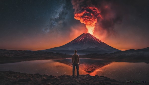 solo, shirt, 1boy, standing, male focus, outdoors, sky, pants, from behind, night, fire, star (sky), night sky, scenery, starry sky, mountain, molten rock