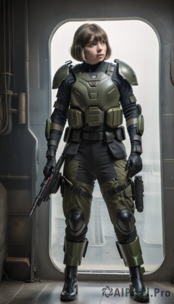 1girl,solo,short hair,brown hair,gloves,holding,brown eyes,standing,full body,weapon,boots,black gloves,pants,black footwear,holding weapon,armor,lips,gun,looking to the side,military,holding gun,rifle,handgun,science fiction,pouch,realistic,assault rifle,holster,knee pads,bulletproof vest,body armor,window,bodysuit,bob cut,shoulder pads,thigh holster