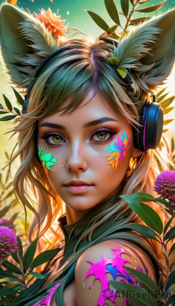 1girl,solo,long hair,looking at viewer,bangs,blonde hair,animal ears,bare shoulders,closed mouth,green eyes,yellow eyes,upper body,flower,multicolored hair,parted lips,green hair,sleeveless,artist name,lips,animal ear fluff,fox ears,eyelashes,tattoo,makeup,headphones,leaf,watermark,facial mark,plant,lipstick,portrait,eyeshadow,freckles,pink lips,nose,purple flower,eyeliner,facepaint,mascara,brown hair,shirt,hair ornament,brown eyes,jewelry,hair flower,sleeveless shirt,light particles,whisker markings,colorful