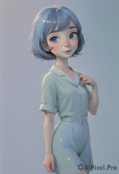 1girl,solo,looking at viewer,blush,smile,short hair,bangs,blue eyes,simple background,shirt,closed mouth,blue hair,standing,short sleeves,cowboy shot,shorts,hand up,grey background,lips,buttons,blue background,blue shirt,hand on own chest,child,freckles,arm at side,blue shorts,pajamas,female child,body freckles,collarbone,shiny,collared shirt,gradient,gradient background,eyelashes