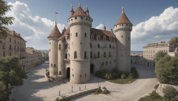 outdoors,sky,day,cloud,water,tree,blue sky,no humans,shadow,ocean,cloudy sky,grass,building,scenery,flag,road,bush,wall,castle,tower,banner,path,rock,stairs,fantasy,horizon,watercraft,architecture,bridge