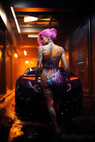 1girl,solo,looking at viewer,short hair,gloves,jewelry,standing,full body,pink hair,ass,nude,earrings,looking back,fingerless gloves,hair bun,from behind,blurry,lips,bodysuit,tattoo,makeup,back,piercing,single hair bun,ground vehicle,motor vehicle,car,lamppost,back tattoo,full-body tattoo,long hair,breasts,ponytail,purple hair,multicolored hair,alternate costume,indoors,alternate hairstyle,glowing,topless,lipstick,hair over shoulder,skin tight,eyeshadow,reflection,asymmetrical hair,nose,undercut,motorcycle,neon trim,updo,cyberpunk,neon lights