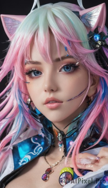 1girl,solo,long hair,breasts,looking at viewer,bangs,blue eyes,hair ornament,animal ears,cleavage,jewelry,blue hair,pink hair,multicolored hair,parted lips,teeth,artist name,cat ears,necklace,nail polish,two-tone hair,lips,fingernails,animal ear fluff,eyelashes,gradient hair,makeup,black background,gem,portrait,close-up,pendant,eyeshadow,headset,realistic,nose,mascara,earrings,choker,collar,ring,badge