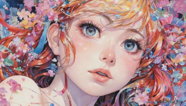 1girl,solo,long hair,looking at viewer,blush,bangs,blue eyes,hair ornament,bare shoulders,jewelry,collarbone,flower,red hair,earrings,parted lips,hair flower,orange hair,lips,eyelashes,looking up,cherry blossoms,portrait,close-up,pink flower,painting (medium),eye focus,open mouth,teeth,traditional media,blue flower,watercolor (medium)