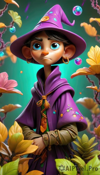 1girl,solo,short hair,blue eyes,brown hair,black hair,long sleeves,1boy,hat,jewelry,closed mouth,standing,flower,male focus,earrings,blurry,capelet,witch hat,frown,leaf,own hands together,looking up,plant,child,purple dress,androgynous,freckles,robe,hoop earrings,yellow flower,witch,purple headwear,wizard hat,purple capelet,looking at viewer,dress,artist name,dark skin,cape,dark-skinned female,thick eyebrows,triforce