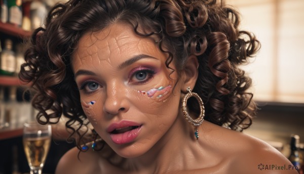 1girl,solo,looking at viewer,blue eyes,brown hair,black hair,jewelry,collarbone,earrings,parted lips,tongue,dark skin,blurry,dark-skinned female,cup,lips,eyelashes,makeup,blurry background,portrait,alcohol,drinking glass,curly hair,hoop earrings,realistic,nose,facepaint,very dark skin,champagne,bare shoulders,bandaid,close-up,eyeshadow,bandaid on face