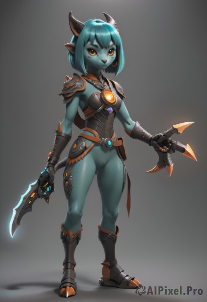 1girl,solo,breasts,looking at viewer,smile,short hair,open mouth,bangs,holding,jewelry,blue hair,standing,full body,yellow eyes,weapon,:d,earrings,small breasts,boots,horns,pointy ears,grey background,holding weapon,armor,aqua hair,bodysuit,colored skin,demon girl,knife,monster girl,shoulder armor,gauntlets,genderswap,claws,colored sclera,dual wielding,pauldrons,blue skin,holding knife,dagger,fewer digits,hooves,simple background,teeth,black eyes,demon horns,furry,furry female,black sclera,armored boots