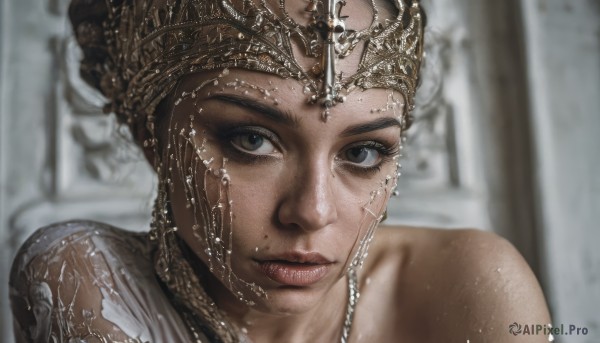 1girl,solo,looking at viewer,brown hair,bare shoulders,brown eyes,closed mouth,dark skin,mole,blurry,black eyes,dark-skinned female,lips,wet,grey eyes,blurry background,portrait,freckles,realistic,jewelry,earrings,necklace,hair bun,eyelashes,makeup,mole under mouth,close-up,headdress