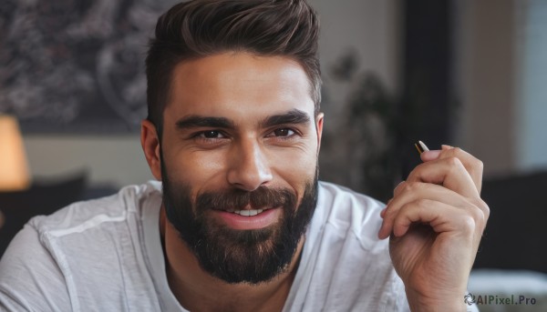 solo,looking at viewer,smile,short hair,brown hair,shirt,black hair,1boy,holding,brown eyes,white shirt,upper body,male focus,parted lips,teeth,indoors,hand up,blurry,black eyes,blurry background,facial hair,portrait,beard,realistic,mustache,grin,lips,depth of field,thick eyebrows,meme,cigarette,smoking,holding cigarette