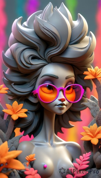 1girl,solo,long hair,breasts,looking at viewer,black hair,medium breasts,nipples,collarbone,upper body,flower,grey hair,heart,nude,small breasts,parted lips,glasses,teeth,artist name,medium hair,blurry,makeup,blurry background,colored skin,sunglasses,tan,round eyewear,tinted eyewear,grey skin,orange flower,orange-tinted eyewear,short hair,blue eyes,holding,lips,eyelashes,depth of field,leaf,watermark,web address,nose,adjusting eyewear