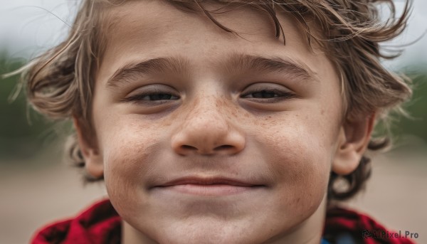 solo,looking at viewer,smile,short hair,brown hair,1boy,closed mouth,male focus,outdoors,blurry,black eyes,lips,depth of field,blurry background,half-closed eyes,messy hair,portrait,close-up,freckles,realistic,blonde hair,brown eyes,nose