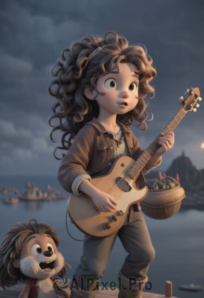 1girl,solo,long hair,open mouth,brown hair,holding,brown eyes,jacket,boots,outdoors,parted lips,sky,pants,cloud,water,blurry,vest,blurry background,ocean,cloudy sky,instrument,child,curly hair,music,basket,guitar,watercraft,playing instrument,holding instrument,ship,brown vest,boat,acoustic guitar,black hair,long sleeves,1boy,standing,ponytail,tears,lips,night,depth of field,animal,brown footwear,crying,denim,messy hair,dog,brown jacket,jeans,horizon,crab