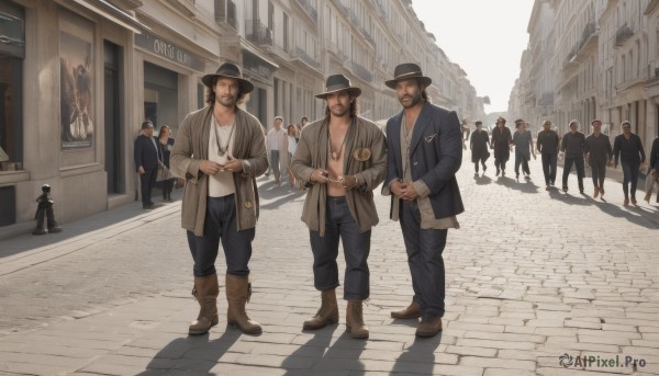 brown hair,shirt,hat,jewelry,jacket,white shirt,male focus,boots,outdoors,multiple boys,open clothes,day,pants,necklace,open jacket,black jacket,window,black headwear,muscular,shadow,facial hair,brown footwear,black pants,formal,suit,pectorals,denim,building,beard,walking,6+boys,jeans,city,road,leather,street,leather jacket,pavement,smile,short hair,black hair,long sleeves,standing,full body,belt,bag,ring,faceless,mustache,crowd