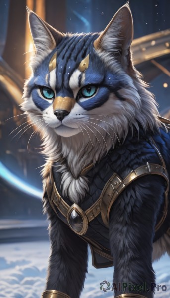 solo,looking at viewer,blue eyes,jewelry,closed mouth,outdoors,belt,artist name,armor,blurry,no humans,blurry background,animal,cat,colored sclera,animal focus,white fur,whiskers,blue sclera,1boy,upper body,male focus,signature,aqua eyes,star (sky),furry,realistic,space,planet,blue fur