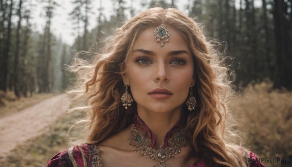 1girl,solo,long hair,looking at viewer,blonde hair,brown hair,dress,brown eyes,jewelry,collarbone,earrings,outdoors,parted lips,day,necklace,blurry,tree,lips,grey eyes,eyelashes,depth of field,blurry background,wavy hair,gem,portrait,nature,forest,curly hair,circlet,realistic,nose,choker