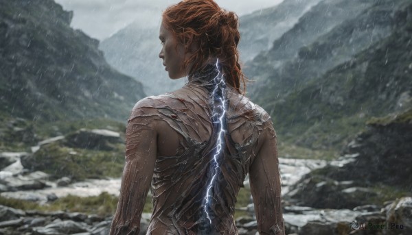 1girl, solo, long hair, upper body, outdoors, hair bun, from behind, orange hair, back, single hair bun, science fiction, rain, mountain, realistic, lightning, back tattoo