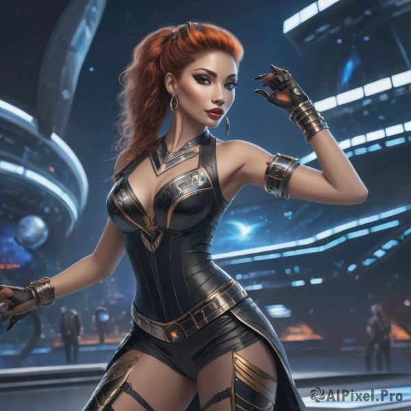 1girl,solo,long hair,breasts,looking at viewer,brown hair,hair ornament,thighhighs,gloves,cleavage,bare shoulders,brown eyes,jewelry,medium breasts,standing,ponytail,cowboy shot,earrings,shorts,solo focus,black gloves,belt,fingerless gloves,armpits,nail polish,orange hair,blurry,bracelet,lips,fingernails,short shorts,makeup,night,blurry background,black shorts,lipstick,black nails,armlet,eyeshadow,science fiction,contrapposto,red lips,eyeliner,hair pulled back,smile,closed mouth,red hair,sleeveless,artist name,hand up,necklace,arm up,thigh strap,watermark,wavy hair,web address,freckles,legs apart,curly hair,hoop earrings,realistic,nose,dancing,mascara