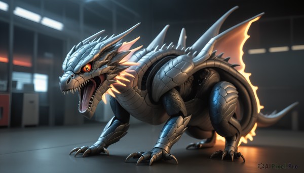 HQ,solo,open mouth,red eyes,standing,tail,full body,wings,teeth,tongue,indoors,blurry,orange eyes,pokemon (creature),no humans,blurry background,fangs,sharp teeth,claws,spikes,colored sclera,monster,dragon,scales,dinosaur,glowing,realistic,kaijuu