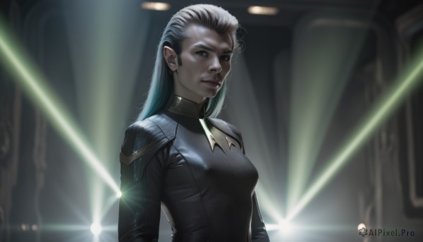 1girl,solo,long hair,breasts,looking at viewer,jewelry,medium breasts,closed mouth,upper body,white hair,grey hair,multicolored hair,indoors,blurry,lips,grey eyes,bodysuit,blurry background,science fiction,realistic,black bodysuit,long sleeves,pointy ears,nose,light,alien,laser