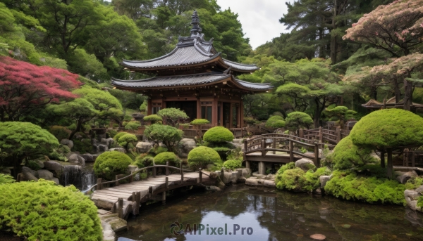 outdoors,day,water,tree,no humans,grass,building,nature,scenery,forest,rock,architecture,bridge,east asian architecture,river,waterfall,shrine,pond,stone lantern,real world location,sky,plant,reflection,bush