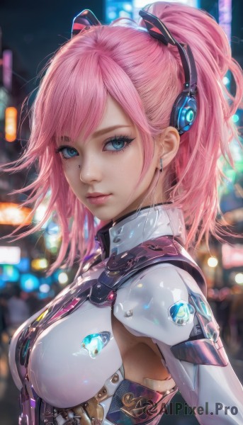 1girl,solo,long hair,breasts,looking at viewer,bangs,blue eyes,jewelry,medium breasts,closed mouth,upper body,ponytail,pink hair,earrings,medium hair,mole,blurry,from side,lips,eyelashes,bodysuit,depth of field,blurry background,headgear,science fiction,realistic,nose,sidelocks,outdoors,artist name,armor,makeup,night,headphones,piercing,eyeshadow,freckles,mascara,boobplate