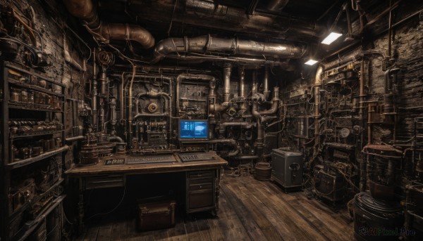 monochrome,indoors,no humans,chair,scenery,wooden floor,bookshelf,lamp,cable,computer,monitor,shelf,industrial pipe,desk,science fiction,clock,dark,laptop