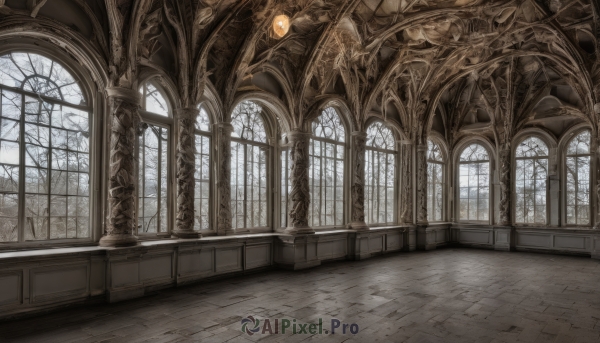 day,indoors,tree,dutch angle,no humans,window,scenery,stairs,fantasy,architecture,pillar,bare tree,statue,stained glass,church,arch,sky,cloud,table,cloudy sky,plant,snow,lantern,wooden floor,tiles,candle,tile floor,floor,ceiling,candlestand,reflective floor,chandelier