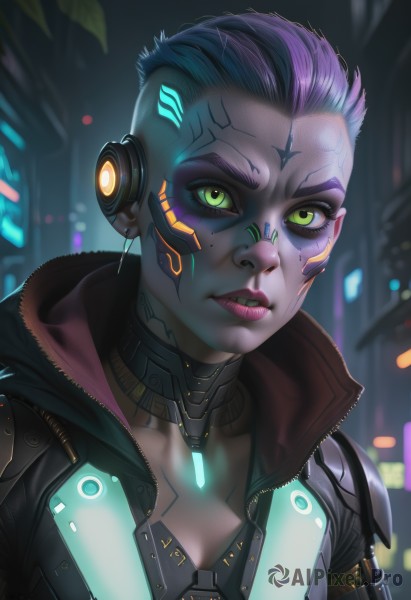 1girl,solo,breasts,looking at viewer,short hair,cleavage,jewelry,green eyes,collarbone,jacket,upper body,pink hair,purple hair,multicolored hair,earrings,parted lips,open clothes,teeth,artist name,mole,blurry,official alternate costume,dark-skinned female,lips,mole under eye,makeup,blurry background,glowing,headphones,facial mark,lipstick,portrait,eyeshadow,science fiction,asymmetrical hair,nose,android,eyeliner,very short hair,undercut,cyborg,purple lips,robot joints,neon trim,mascara,cyberpunk,mechanical parts,signature,eyelashes,tattoo,colored skin,glowing eyes,close-up,zipper,freckles,realistic,unzipped,facial tattoo,earpiece