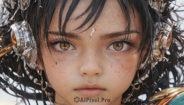 1girl,solo,long hair,looking at viewer,bangs,black hair,white background,brown eyes,jewelry,closed mouth,earrings,lips,orange eyes,eyelashes,headgear,headphones,portrait,close-up,freckles,reflection,realistic,glass,eye focus,brown hair,expressionless,serious,nose