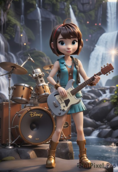 1girl,solo,looking at viewer,smile,short hair,blue eyes,skirt,brown hair,jewelry,standing,full body,ahoge,pleated skirt,hairband,boots,outdoors,sleeveless,water,blurry,vest,bracelet,lips,blue skirt,brown footwear,wristband,instrument,child,rock,guitar,playing instrument,electric guitar,waterfall,drum,drumsticks,drum set,bangs,shirt,bare shoulders,collarbone,miniskirt,sleeveless shirt,watermark,bob cut,nature,web address,zipper,pocket,spotlight