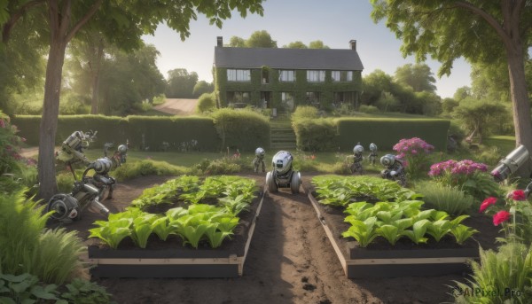 weapon,flower,outdoors,multiple boys,day,tree,gun,military,no humans,helmet,grass,plant,robot,ground vehicle,building,nature,scenery,mecha,motor vehicle,forest,6+boys,car,road,bush,house,sky,rifle,science fiction,stairs,ruins,soldier,overgrown,garden