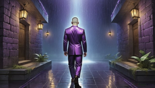 solo,short hair,long sleeves,1boy,standing,jacket,full body,grey hair,male focus,outdoors,shoes,pants,from behind,black footwear,wet,night,formal,suit,plant,walking,rain,arms at sides,facing away,purple jacket,brick wall,purple pants,white hair,boots,artist name,water,window,building,clenched hand,clenched hands,lantern,stairs,door,light,lamp,bald,house