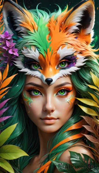 1girl,solo,long hair,looking at viewer,smile,hair ornament,animal ears,closed mouth,green eyes,flower,green hair,artist name,hair flower,lips,eyelashes,makeup,leaf,facial mark,portrait,eyeshadow,realistic,nose,facepaint,multicolored hair,orange hair,fox ears,gradient hair,watermark,plant,web address,light particles,close-up,mascara