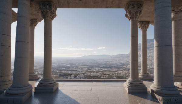 outdoors,sky,day,cloud,water,blue sky,no humans,ocean,building,scenery,mountain,city,horizon,cityscape,pillar,landscape,column,architecture,arch