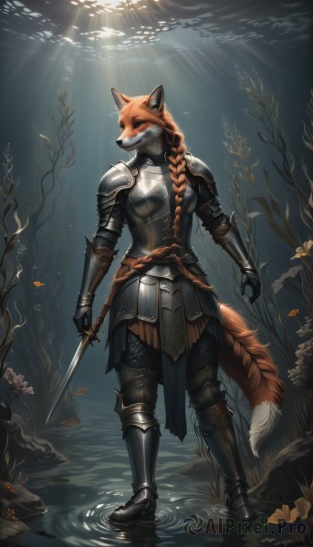 1girl,solo,long hair,holding,animal ears,very long hair,standing,tail,full body,weapon,braid,boots,sword,artist name,signature,water,from behind,holding weapon,orange hair,armor,fox ears,single braid,fox tail,holding sword,sunlight,fox girl,shoulder armor,gauntlets,wolf tail,furry,pauldrons,light rays,breastplate,underwater,furry female,vambraces,armored boots,greaves,sunbeam,faulds,knight,full armor,chainmail,orange fur,plate armor,looking to the side,plant,hair over shoulder,wading,reflection,braided ponytail,body fur,ripples,snout