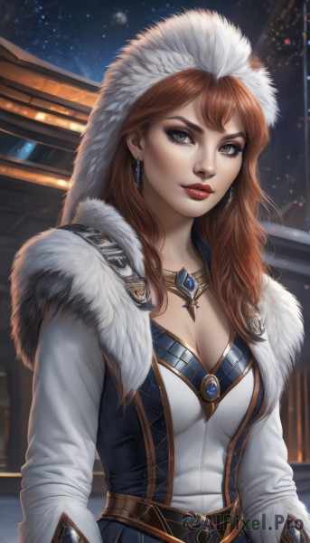 1girl,solo,long hair,breasts,looking at viewer,brown hair,long sleeves,hat,cleavage,brown eyes,jewelry,medium breasts,upper body,earrings,parted lips,sky,belt,hood,necklace,lips,coat,grey eyes,fur trim,eyelashes,makeup,night,lipstick,gem,star (sky),night sky,pendant,eyeshadow,snowing,nose,red lips,eyeliner,fur hat,closed mouth,red hair,artist name,signature,starry sky,realistic