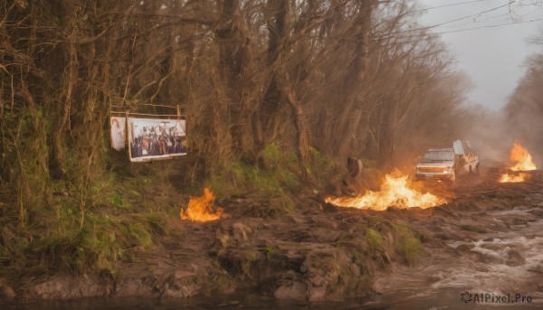 outdoors,tree,no humans,grass,fire,ground vehicle,nature,scenery,motor vehicle,forest,smoke,sign,car,road,ruins,power lines,burning,truck,sky,day,chair,bare tree,tent,campfire