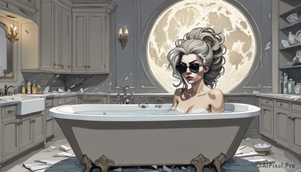 1girl,solo,long hair,breasts,looking at viewer,smile,large breasts,cleavage,bare shoulders,jewelry,medium breasts,collarbone,grey hair,nude,earrings,indoors,water,cup,lips,petals,window,makeup,moon,sunglasses,bottle,lipstick,towel,drinking glass,partially submerged,mirror,tiles,glass,candle,bathing,bath,bathroom,bathtub,updo,sink,soap,cabinet,reflection,shelf,soap bubbles,faucet,soap bottle