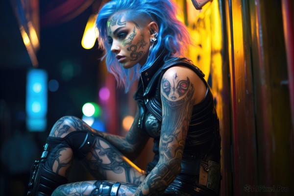 1girl,solo,breasts,looking at viewer,short hair,blue eyes,bare shoulders,jewelry,medium breasts,sitting,closed mouth,blue hair,earrings,boots,sleeveless,belt,medium hair,blurry,vest,from side,lips,tattoo,makeup,depth of field,blurry background,piercing,knee boots,ear piercing,realistic,nose,arm tattoo,knee pads,leather,facial tattoo,cyberpunk,nose piercing,closed eyes,facial mark,eyebrow piercing