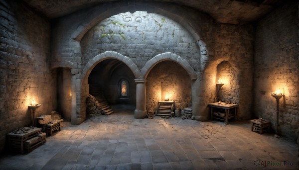 HQ,indoors,book,no humans,window,chair,table,sunlight,fire,plant,box,scenery,stairs,door,light,lamp,candle,wall,ruins,brick wall,barrel,candlestand,treasure chest,stone floor,stone wall,fireplace,crate,brick,wooden floor,fantasy,tile floor,pillar,floor,arch,rug,wood,brick floor