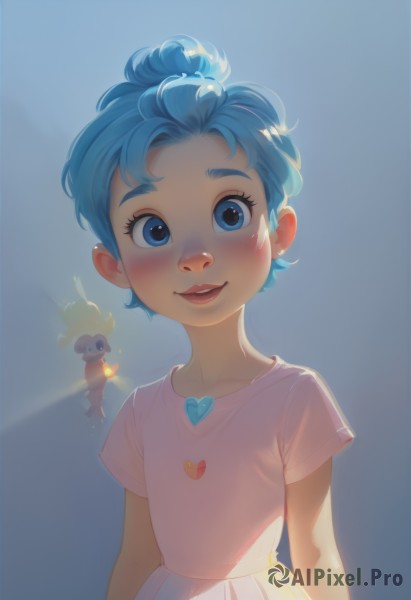 1girl,solo,looking at viewer,blush,smile,short hair,blue eyes,shirt,dress,closed mouth,blue hair,collarbone,upper body,short sleeves,heart,hair bun,flat chest,lips,eyelashes,blue background,single hair bun,child,pink dress,backlighting,female child,heart print,simple background,jewelry,wings,glowing,flying,fairy