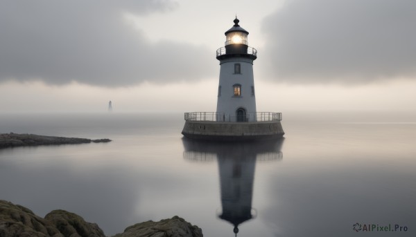 outdoors,sky,cloud,water,no humans,ocean,cloudy sky,building,scenery,reflection,watercraft,bridge,lamppost,tower,fog,grey sky,cliff,lighthouse,multiple girls,blurry,flying,horizon,clock,shore