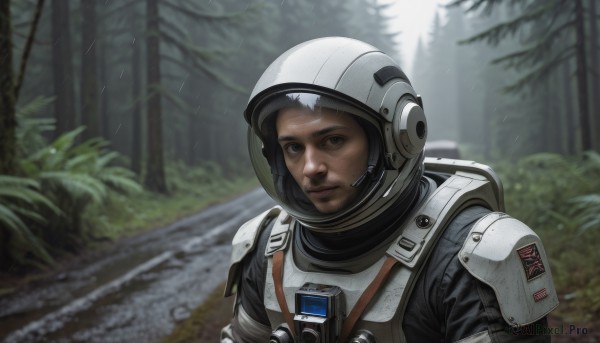 solo,looking at viewer,1boy,brown eyes,closed mouth,upper body,male focus,outdoors,dark skin,armor,blurry,tree,blurry background,helmet,nature,forest,science fiction,rain,realistic,spacesuit,astronaut,1girl,black hair,lips,backpack,pilot suit,american flag