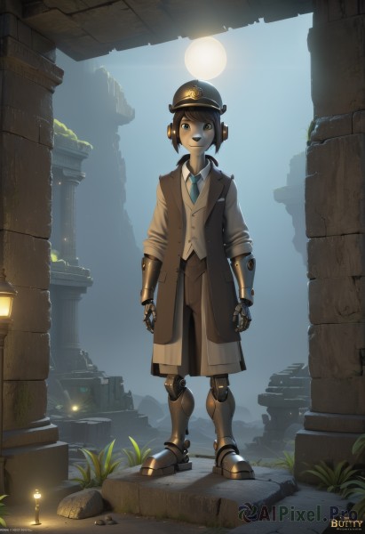 1girl,solo,smile,short hair,blue eyes,brown hair,shirt,hat,standing,full body,outdoors,necktie,collared shirt,pants,artist name,signature,vest,coat,watermark,grass,plant,robot,peaked cap,science fiction,open coat,blue necktie,rock,sun,android,lamp,joints,mechanical arms,brown pants,ruins,brown coat,pillar,prosthesis,robot joints,light bulb,looking at viewer,bangs,black hair,brown eyes,jacket,white shirt,boots,open clothes,teeth,day,black eyes,headphones,moon,full moon,sleeves rolled up,headset,brown jacket,arms at sides,brown headwear,armored boots,brown vest,mechanical legs,humanoid robot