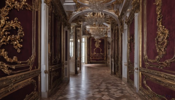 day,indoors,no humans,window,sunlight,scenery,reflection,light rays,mirror,stairs,door,tiles,tile floor,checkered floor,pillar,hallway,arch,reflective floor,chandelier,column,picture frame,throne,painting (object),ceiling,carpet,candlestand