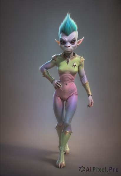 1girl,solo,breasts,looking at viewer,red eyes,jewelry,blue hair,standing,full body,earrings,small breasts,boots,pointy ears,nail polish,armor,covered nipples,fingernails,hand on hip,aqua hair,bodysuit,covered navel,makeup,cameltoe,colored skin,thigh gap,spiked hair,genderswap,skin tight,web address,genderswap (mtf),eyeshadow,sharp fingernails,green skin,short hair,animal ears,multicolored hair,green hair,facial mark,piercing,furry,hoop earrings,furry female,bracer,navel piercing,mohawk