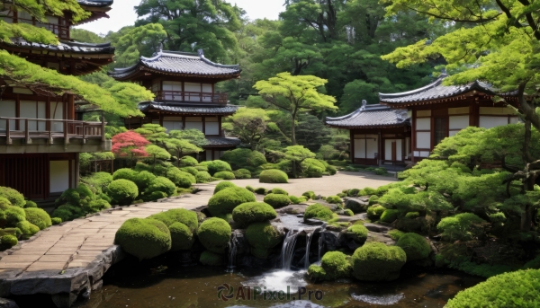 outdoors,day,water,tree,no humans,grass,building,nature,scenery,forest,rock,bush,architecture,house,bridge,east asian architecture,river,waterfall,pond,plant,moss,stone