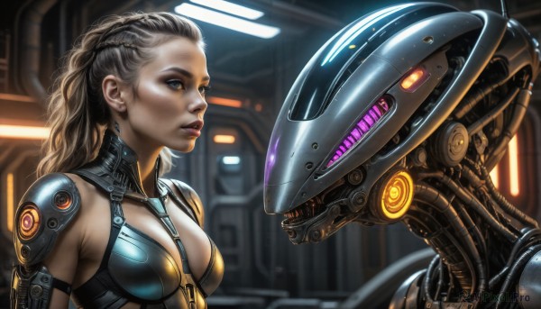 HQ,1girl,solo,long hair,breasts,blue eyes,cleavage,jewelry,medium breasts,upper body,ponytail,braid,grey hair,earrings,armor,lips,makeup,robot,between breasts,mecha,science fiction,realistic,nose,cyborg,hair pulled back,alien,power armor,cyberpunk,power suit,blonde hair,lipstick,stud earrings