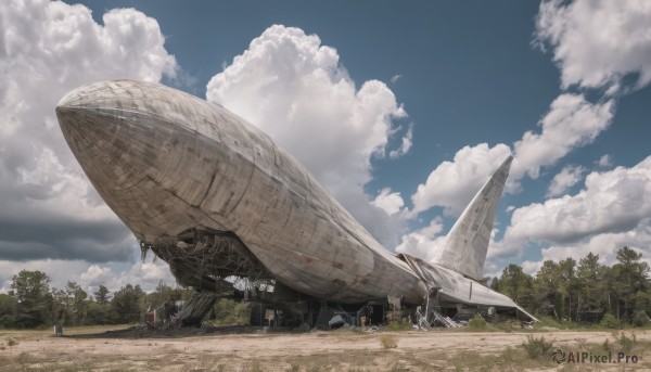 outdoors,sky,day,cloud,tree,blue sky,military,no humans,cloudy sky,grass,nature,scenery,forest,science fiction,realistic,aircraft,airplane,road,vehicle focus,spacecraft