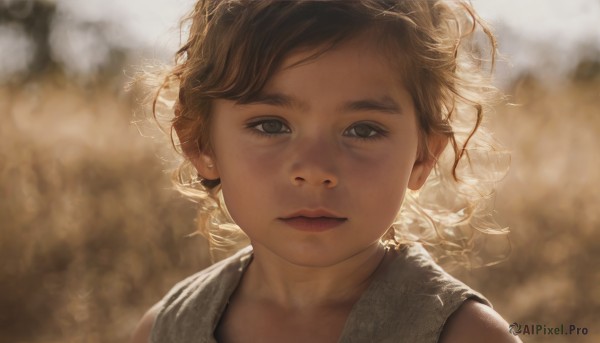 1girl,solo,looking at viewer,short hair,blue eyes,brown hair,jewelry,closed mouth,upper body,earrings,blurry,lips,grey eyes,depth of field,blurry background,expressionless,messy hair,child,portrait,freckles,curly hair,realistic,bangs,green eyes,eyelashes,close-up,backlighting